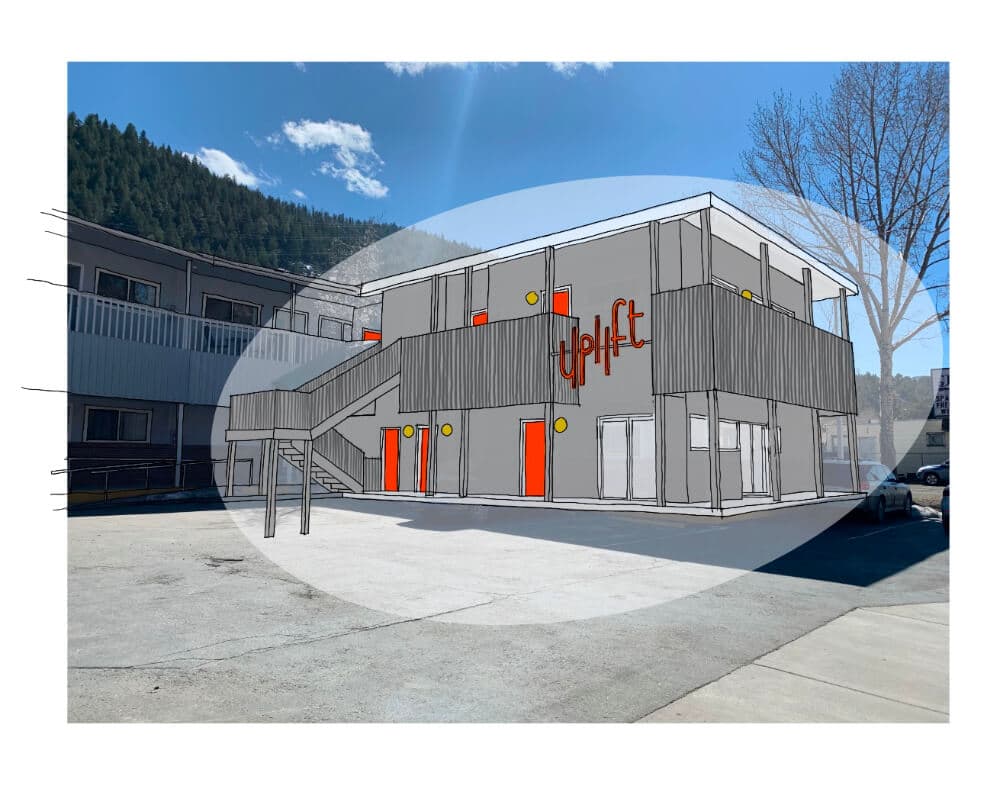 A sketch of a modern building with the word "uplift" on the front and colorful accents, set against a backdrop of mountains and blue skies.